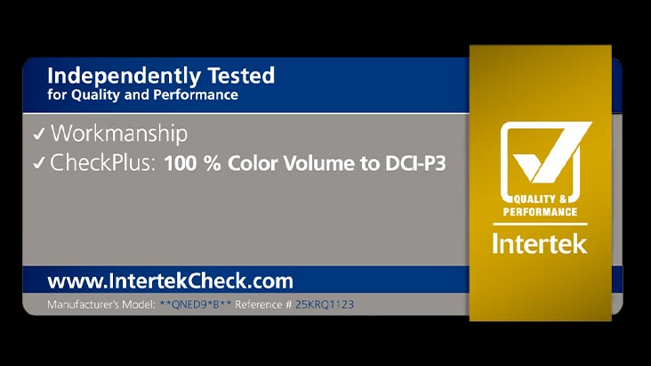 Intertek certification sticker highlights that LG QNED evo AI is certified by Intertek for “100% Color Volume to DCI-P3.”