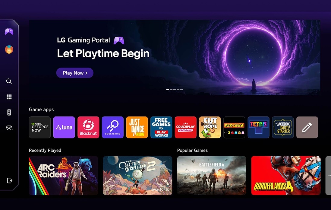 LG QNED AI QNED70 Mini LED features the LG Gaming Portal with a gaming hub layout, combining featured content and game tiles in a unified interface that expands to provide access to GeForce NOW and webOS game apps.