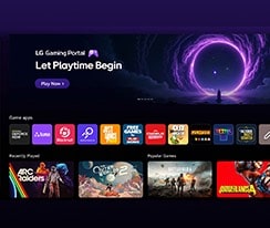 LG QNED AI QNED70 Mini LED features the LG Gaming Portal with a gaming hub layout, combining featured content and game tiles in a unified interface that expands to provide access to GeForce NOW and webOS game apps.