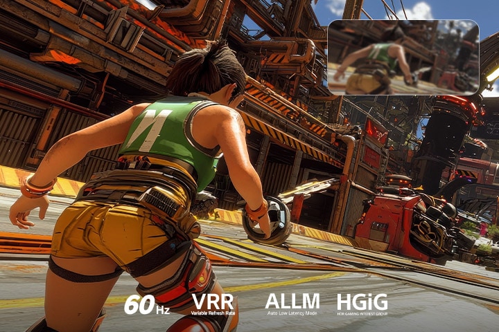 LG QNED evo AI QNED80 Mini LED for Ultimate Gameplay shows a high-speed racing scene with a comparison inset highlighting smoother motion through Motion Booster 120, while supporting 60Hz, VRR, AMD FreeSync, ALLM, HGiG, and GeForce NOW.