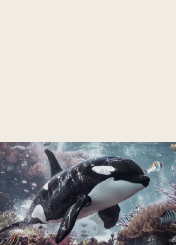 LG QNED AI QNED70 Mini LED with 4K Super Upscaling shows an orca swimming over a coral reef and fish, as AI upscales every frame toward 4K quality, then zooms out to reveal a child watching up close, immersed in the vivid detail.
