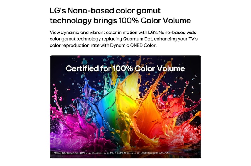 LG QNED AI QNED70 Mini LED with Dynamic QNED Color fills the screen with vivid, fluid bursts of multicolored, paint-like motion, showcasing enhanced color vibrancy certified for 100% Color Volume.