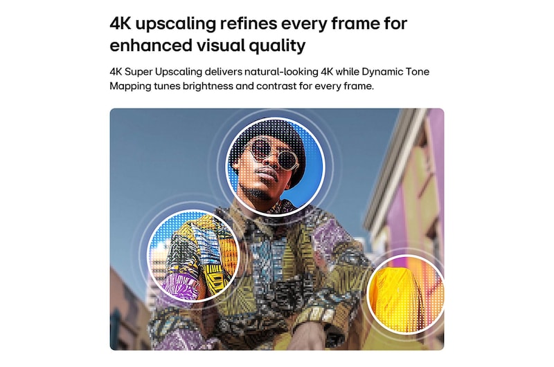 LG QNED AI QNED70 Mini LED with 4K Super Upscaling and Dynamic Tone Mapping shows a low-angle outdoor scene of a man between colorful buildings, as AI recognizes the scene and upscales each frame to 4K resolution.