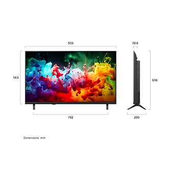 LG QNED AI QNED70 Mini LED shown in front and side views highlights a 43-inch display with a 959 mm-wide screen, 563 mm screen height, 618 mm height with stand, a 70.8 mm profile depth, and a stand footprint measuring 792 by 200 mm.