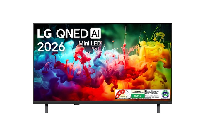The front view of LG QNED AI QNED65 Mini LED, released in 2026, fills the screen with vivid, fluid splashes of multicolored motion, as finely layered colors disperse smoothly across the display.