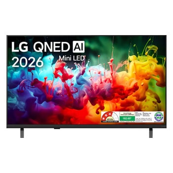 The front view of LG QNED AI QNED65 Mini LED, released in 2026, fills the screen with vivid, fluid splashes of multicolored motion, as finely layered colors disperse smoothly across the display.