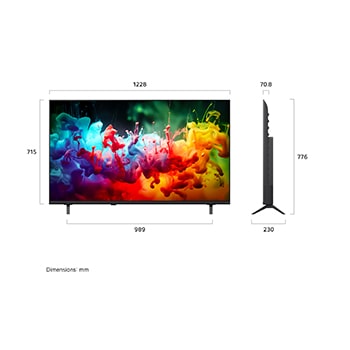 LG QNED AI QNED70 Mini LED shown in front and side views highlights a 55-inch display with a 1228 mm-wide screen, 715 mm screen height, 776 mm height with stand, a 70.8 mm profile depth, and a stand footprint measuring 989 by 230 mm.