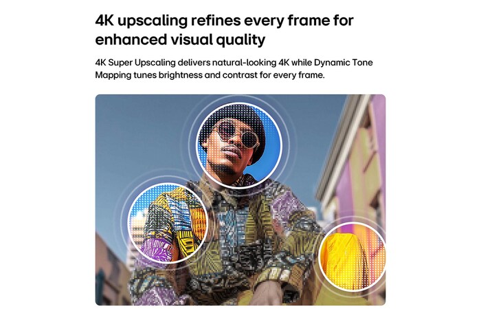 LG QNED AI QNED70 Mini LED with 4K Super Upscaling and Dynamic Tone Mapping shows a low-angle outdoor scene of a man between colorful buildings, as AI recognizes the scene and upscales each frame to 4K resolution.