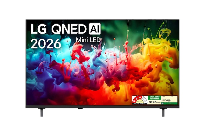 The front view of the LG QNED AI QNED65 Mini LED, released in 2026, displays vivid, fluid splashes of multicolored motion, featuring Dynamic QNED Color, Mini LED, an alpha 7 AI Processor 4K Gen9, webOS, and an 85-inch display.