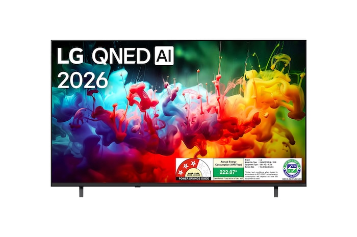 The front view of LG QNED AI QNED70 Mini LED, released in 2026, fills the screen with vivid, fluid splashes of multicolored motion, as finely layered colors disperse smoothly across the display.