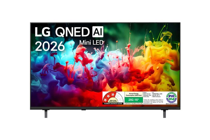 The front view of LG QNED AI QNED70 Mini LED, released in 2026, fills the screen with vivid, fluid splashes of multicolored motion, as finely layered colors disperse smoothly across the display.