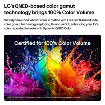 LG QNED AI QNED65 Mini LED with Dynamic QNED Color fills the screen with vivid, fluid bursts of multicolored, paint-like motion, showcasing enhanced color vibrancy certified for 100% Color Volume.