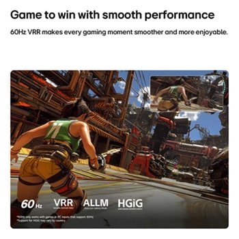 LG QNED AI QNED65 Mini LED for Ultimate Gameplay shows a fast-paced action game scene with a comparison inset highlighting smoother motion, while supporting up to 60Hz, VRR, ALLM, HGiG, and GeForce NOW.