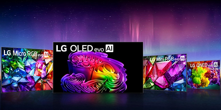 LG TV lineup shows differences in picture quality between LG OLED evo AI, LG Micro RGB evo AI, LG Mini RGB evo AI, and LG QNED evo AI Mini LED, each displaying bright and richly detailed abstract visuals against a dark background.