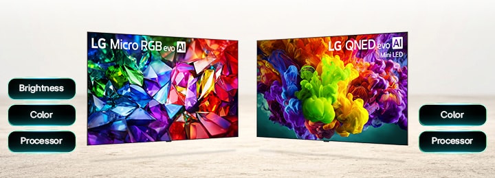 LG Micro RGB evo showcases advanced color performance through vivid crystal-like visuals beside a list of key strengths including brightness, color, and processor for detailed, high-contrast viewing. LG QNED evo Mini LED showcases its picture quality with expanded color volume through vivid paint-like visuals beside key strengths including color and processor for immersive large-screen viewing.