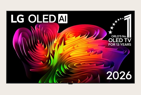 The front view of LG OLED evo AI W6 Wallpaper TV features its clean Wallpaper design, while a dynamic abstract composition of wave-like color gradients in vivid multicolors flows seamlessly across the screen.
