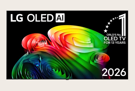 The front view of LG OLED AI features a slim black bezel, with a vivid, sculptural image of richly layered, multicolored forms filling the screen.
