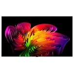 The front view of LG OLED evo AI W6 Wallpaper TV features its slim and thin wallpaper design, while a dynamic abstract composition of wave-like color gradients in vivid multicolors flows seamlessly across the screen.