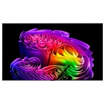 The front view of LG OLED evo features a slim black bezel, with a vivid, sculptural image of richly layered, multicolored forms filling the screen.