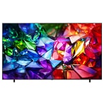 The front view of LG Micro RGB evo features a slim black bezel, with a vivid, crystalline image of sharply defined red, green, and blue facets filling the screen.