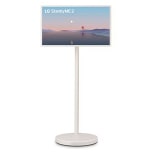 The front view of LG StanbyME 2 Max LX6 Movable Screen with a detachable and super portable design features flexible placement for various interiors, as a serene landscape interface blends seamlessly across the display.