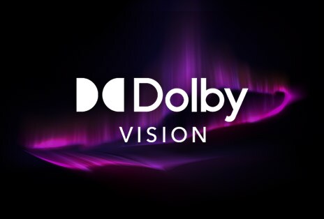 LG TV with Dolby Vision highlights cinematic picture quality, featuring the Dolby Vision logo against a dark background with a subtle purple glow effect.