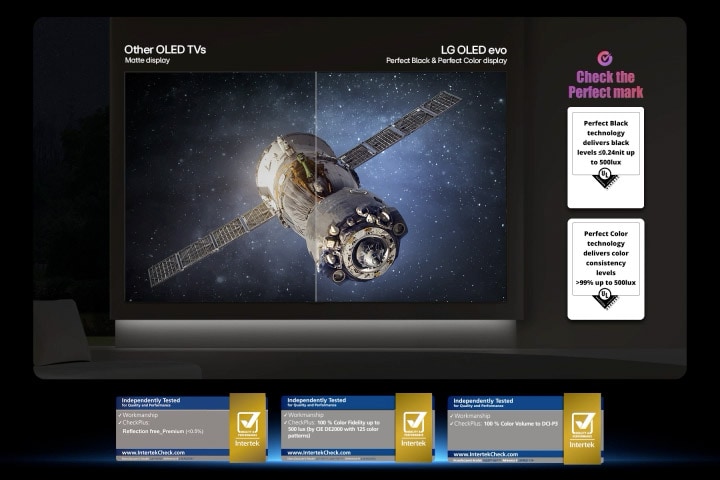 LG OLED TV with Perfect Black and Perfect Color shows a split-screen spacecraft in a dark cosmos, comparing a matte display to Perfect Black for clearer picture quality in any light, with UL and Intertek verification for color accuracy and reflection-free performance.