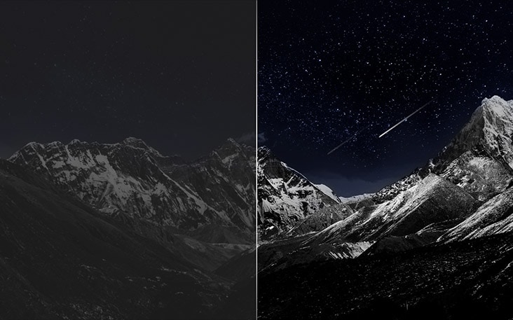 LG OLED TV features deep black as a split image compares SDR with deep black, showing a black-and-white mountain night scene with richer blacks, clearer stars, and preserved shadow detail for stronger contrast and depth.
