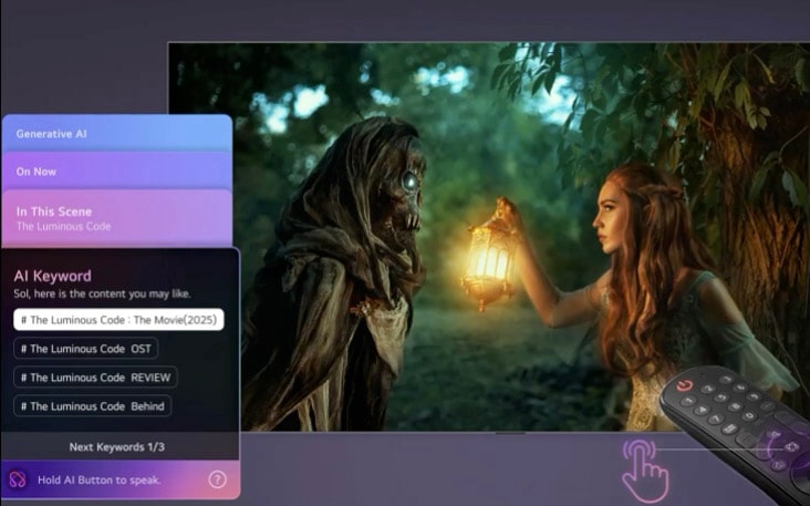 LG TV with AI Concierge shows an AI-based menu overlay on the left side of the movie screen, displaying scene-based content suggestions and AI keywords such as OST and reviews, accessed by a short remote press.