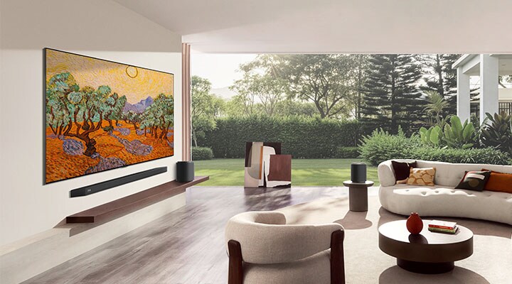 LG OLED evo AI G6 with Flush-fit Gallery Design mounted seamlessly on a living room wall, displaying colorful artwork in a bright modern interior with minimal gaps and a refined gallery-like appearance.