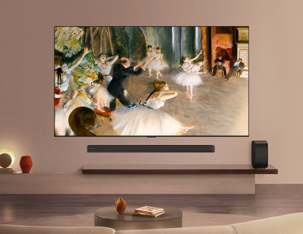 LG OLED evo AI W6 Wallpaper TV with a 9mm-range profile is placed in a living space with expansive floor-to-ceiling windows overlooking a river, displaying a ballet painting that harmonizes with the refined interior.