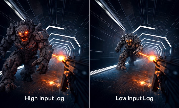 LG TV for gaming with low input lag shows a side-by-side scene, where an attack toward a fast-moving creature appears delayed on one side and more immediate on the other, illustrating faster, more precise gameplay response.