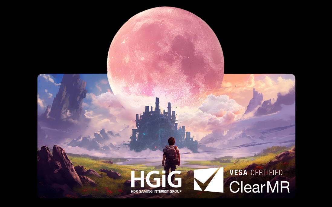 LG TV with Clear Motion shows a game scene of a character walking toward a castle beneath a large moon, with on-screen HGiG and VESA Certified ClearMR text highlighting smooth, clear motion.