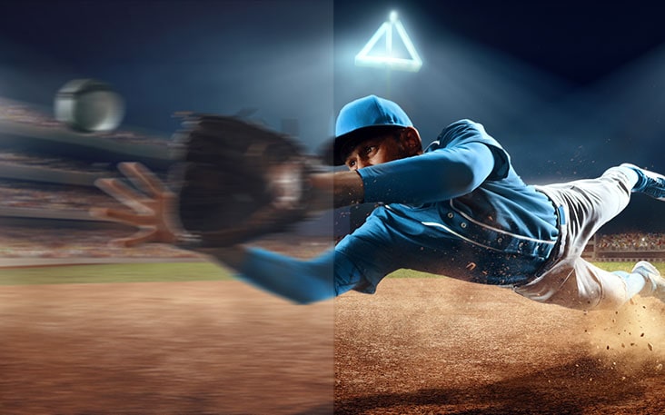 LG TV for sports viewing showcases motion handling performance through a fast-paced baseball split scene, illustrating blurry motion on the left side and clear player movement even during rapid gameplay on the right side.