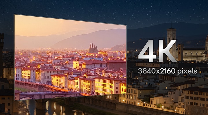 LG 4K TV displays a vivid 3840x2160 resolution scene on a wide, slim-bezel screen, featuring a brightly lit cityscape at sunset, emphasizing sharp detail, high pixel density, and immersive everyday viewing clarity.