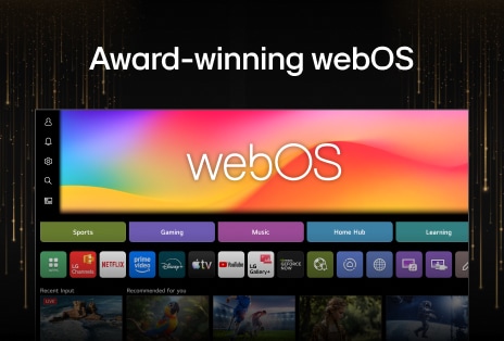 LG webOS interface featuring various content categories such as "Sports" and "Gaming," inviting users to explore entertainment on the award-winning platform.