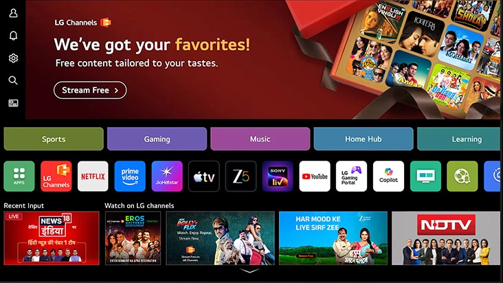 The home screen of LG Channels displays various categories on an LG TV, including 'Sports,' 'Gaming,' 'Music,' 'Home Hub,' and 'Learning,' along with sections for recommended content for viewers.