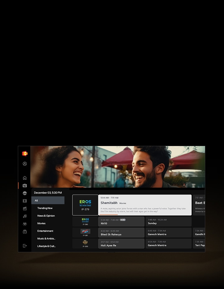 The LG Channels live TV interface features animated raccoon characters in a forest backdrop, displaying the current time and a channel guide that organizes shows along with their scheduled airtimes.