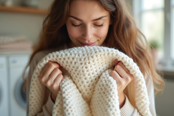 La lavatrice LG a carica frontale garantisce un bucato fresco, mentre una donna si gode il profumo pulito di un morbido maglione lavorato a maglia