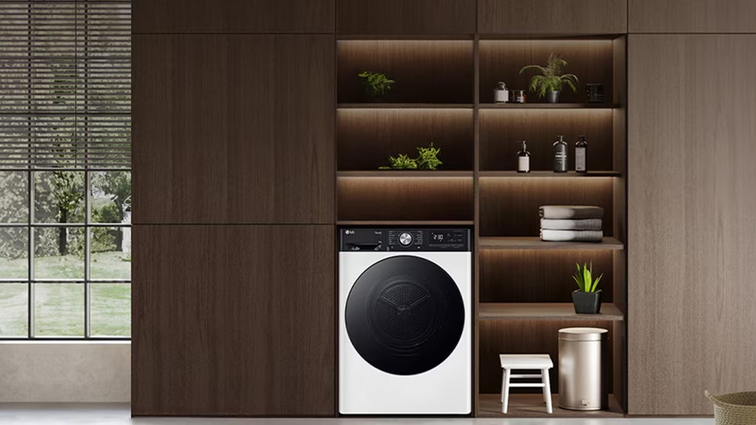 lavatrice a carica frontale lg integrata nei moderni ripiani in legno in una cucina dal design elegante