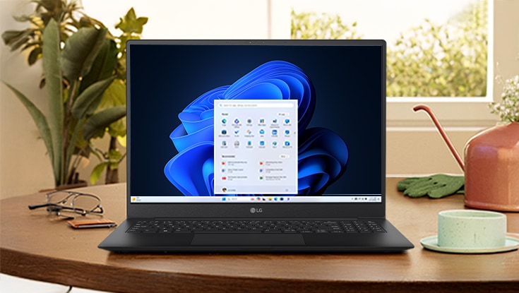 Questa immagine mostra il laptop su una scrivania di legno circondata da piante e lampade con una copia di “Facile da implementare, compatibile ed economico”.