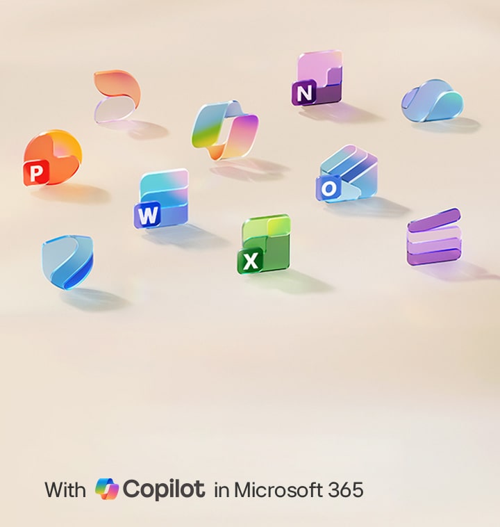 Questa immagine mostra icone 3D colorate di applicazioni Microsoft 365, tra cui Word, Excel, PowerPoint, Outlook e OneDrive su uno sfondo arancione chiaro.