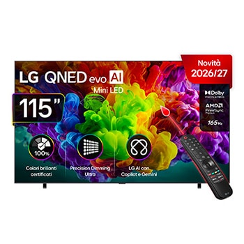 Vista frontale del TV LG QNED evo Mini LED 115QNED93B6 da 100 pollici