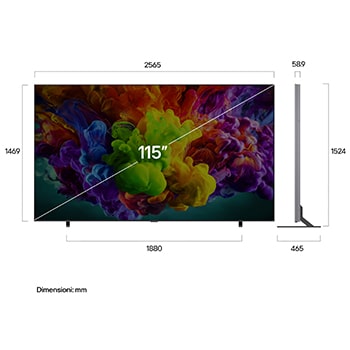 Immagine frontale del TV LG QNED evo Mini LED 115QNED93B6 con le dimensioni
