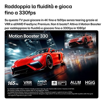 Caratteristica gaming 165Hz e Motion Booster 330 con VRR e AMD FreeSync per il TV LG QNED evo MiniLED