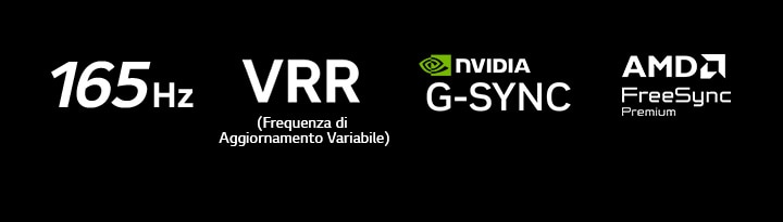 I loghi 165Hz, VRR (Frequenza di aggiornamento variabile), NVIDIA G-SYNC e AMD FreeSync™ Premium risaltano su uno sfondo scuro.