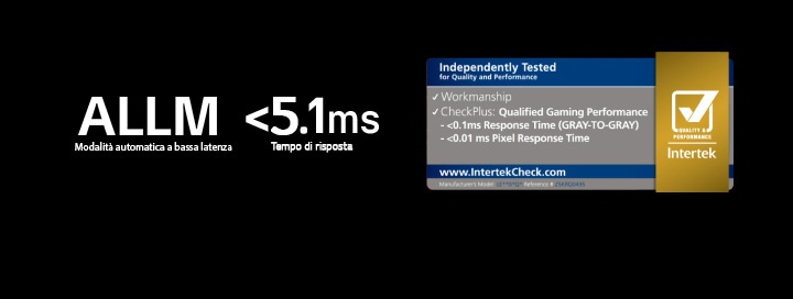 ALLM (Auto Low Latency Mode), tempo di risposta <0,1 ms e badge di certificazione Intertek appaiono su uno sfondo scuro.