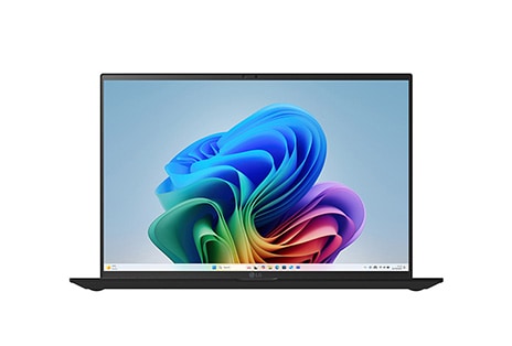 Copilot+とBloomの壁紙を備えたノートパソコンの正面図