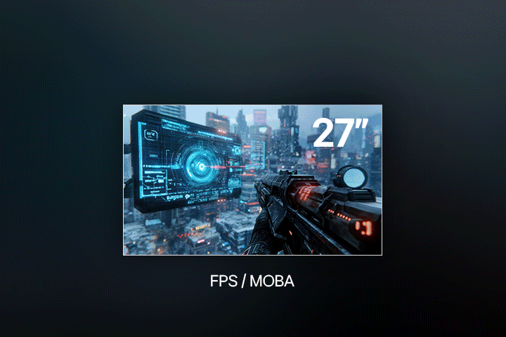 Анимация демонстрирует 27-дюймовый монитор LG UltraGear для FPS и MOBA, на экране футуристический шутер от первого лица с винтовкой и голографическим интерфейсом на фоне киберпанк-города.