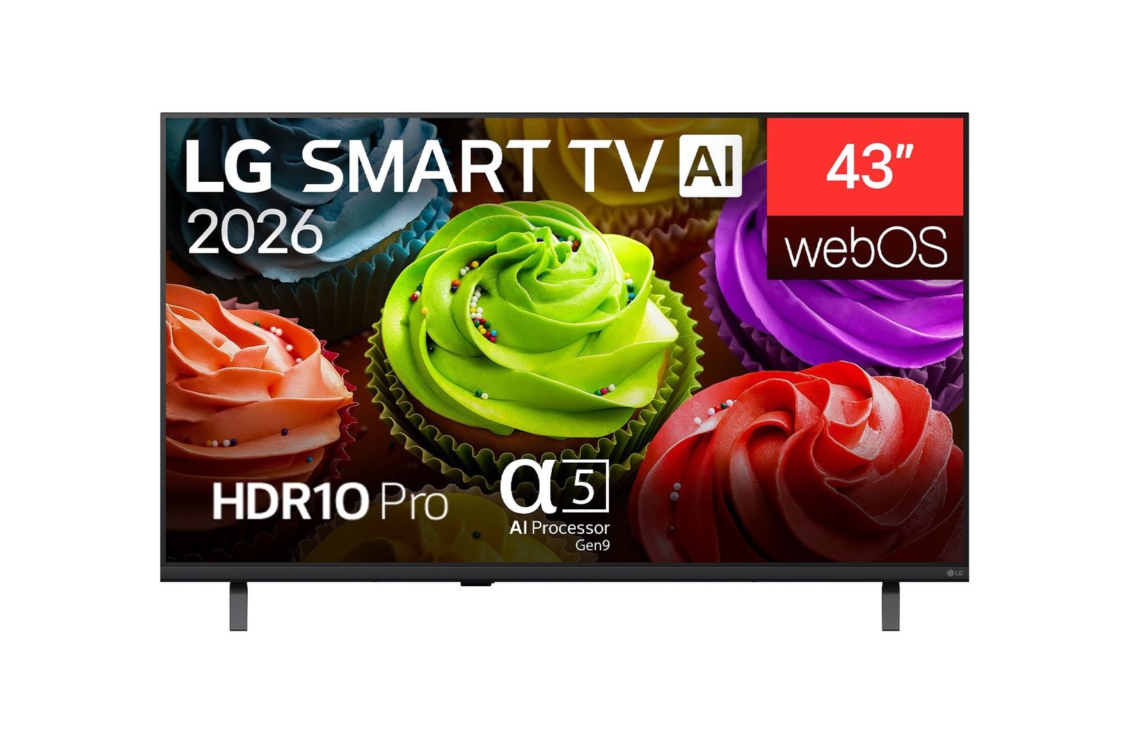 Вид спереди телевизора LG SMART TV AI LB65 FHD, выпущенный в 2026 году, демонстрирует крупный план разноцветных кексов, представляя процессор alpha 5 AI Gen9, HDR10 Pro, webOS и 43-дюймовый дисплей.